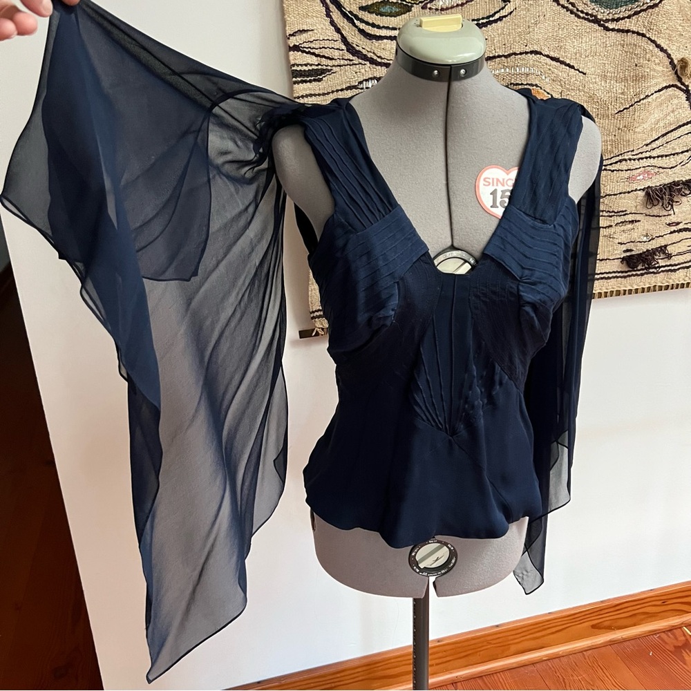 Silk navy Zac Posen sleeveless shirt blouse pleating draped Size 8